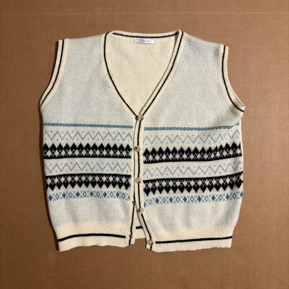Men's Cream and Black Patterned Sweater Vest